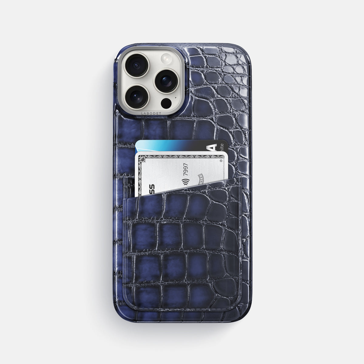 Havana-Blue iPhone 16 Pro Max Double Card Case Patina Alligator with Steel Metal -1 | Havana-Blue-Steel