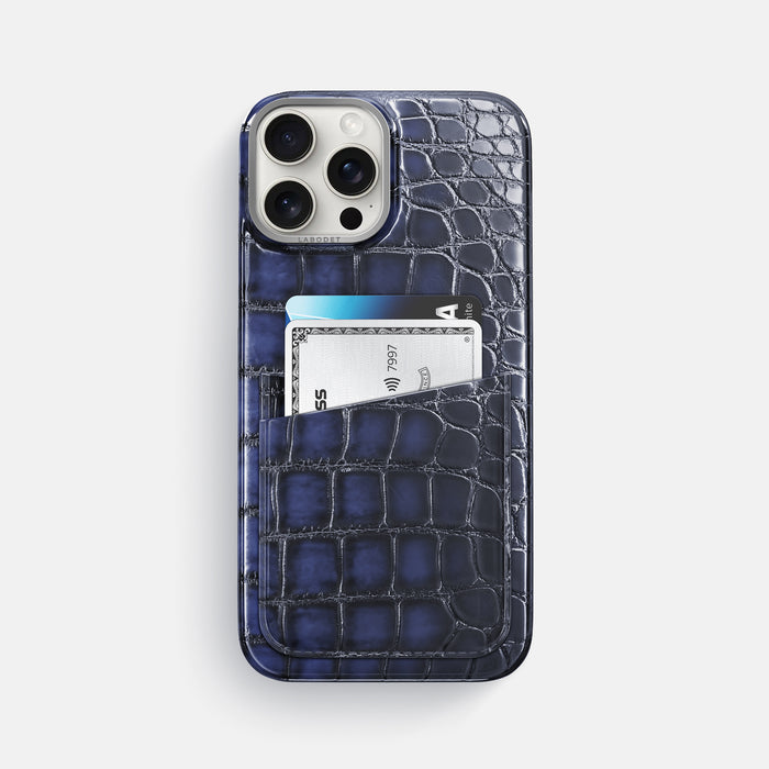 Havana-Blue iPhone 16 Pro Max Double Card Case Patina Alligator with Steel Metal -1 | Havana-Blue-Steel