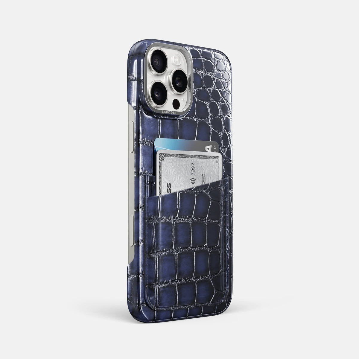 Havana-Blue iPhone 16 Pro Max Double Card Case Patina Alligator with Steel Metal -2 | Havana-Blue-Steel