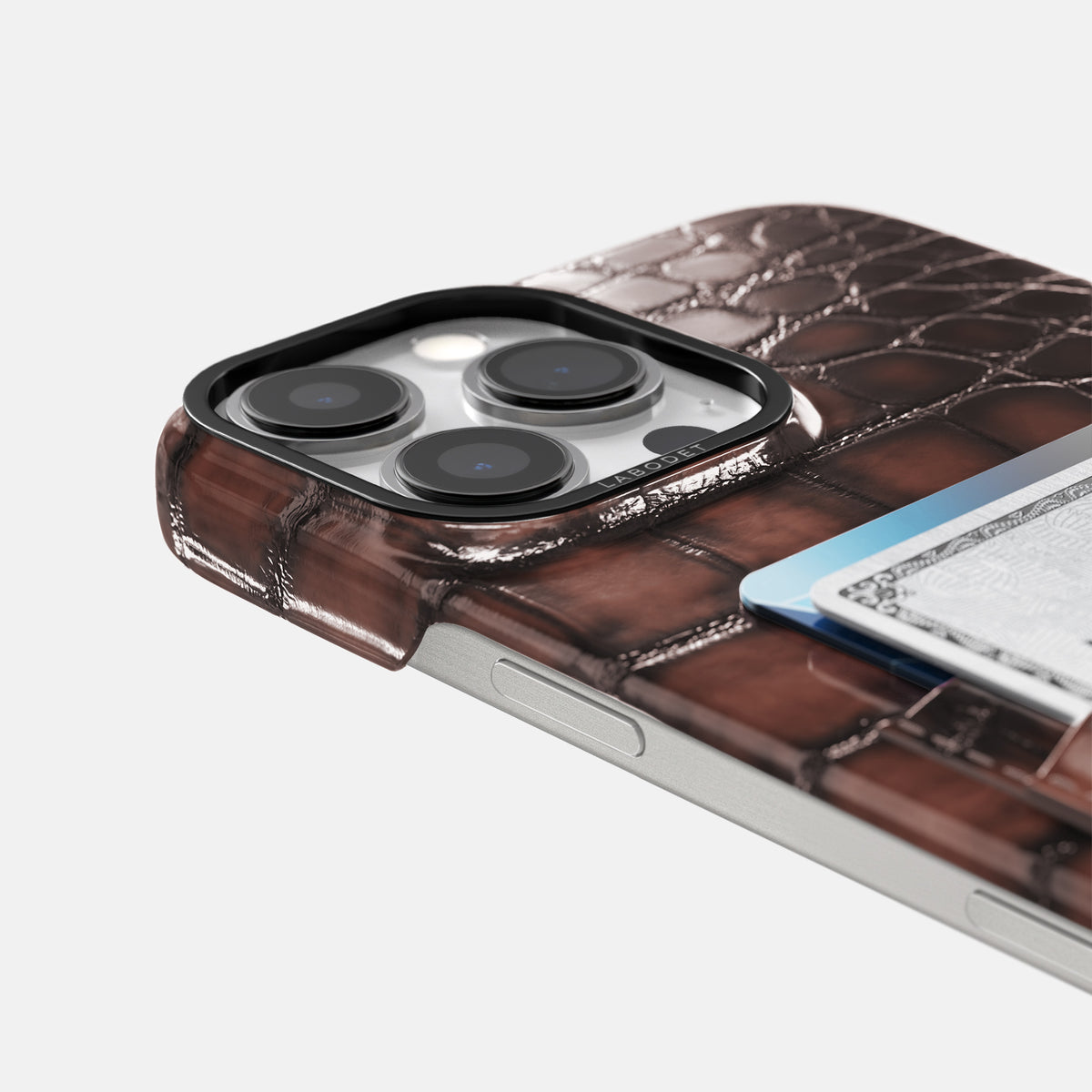 Havana-Brown iPhone 16 Pro Max Double Card Case Patina Alligator with Black Metal -5 | Havana-Brown-Black