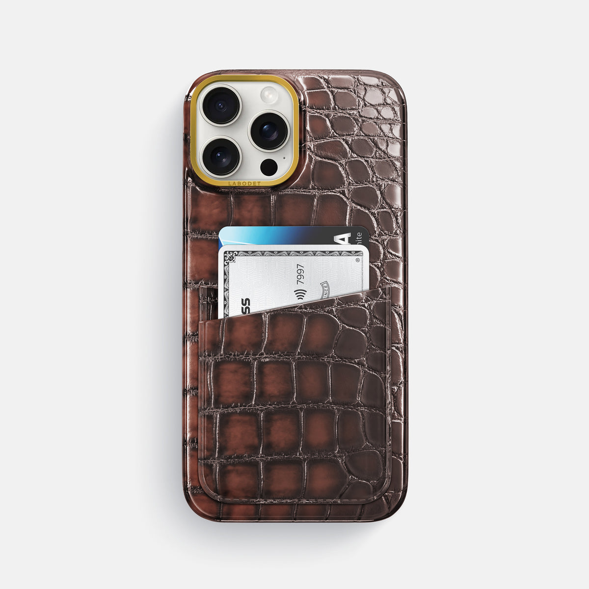 Havana-Brown iPhone 16 Pro Max Card Case Patina Alligator with Gold Metal -1 | Havana-Brown-Gold