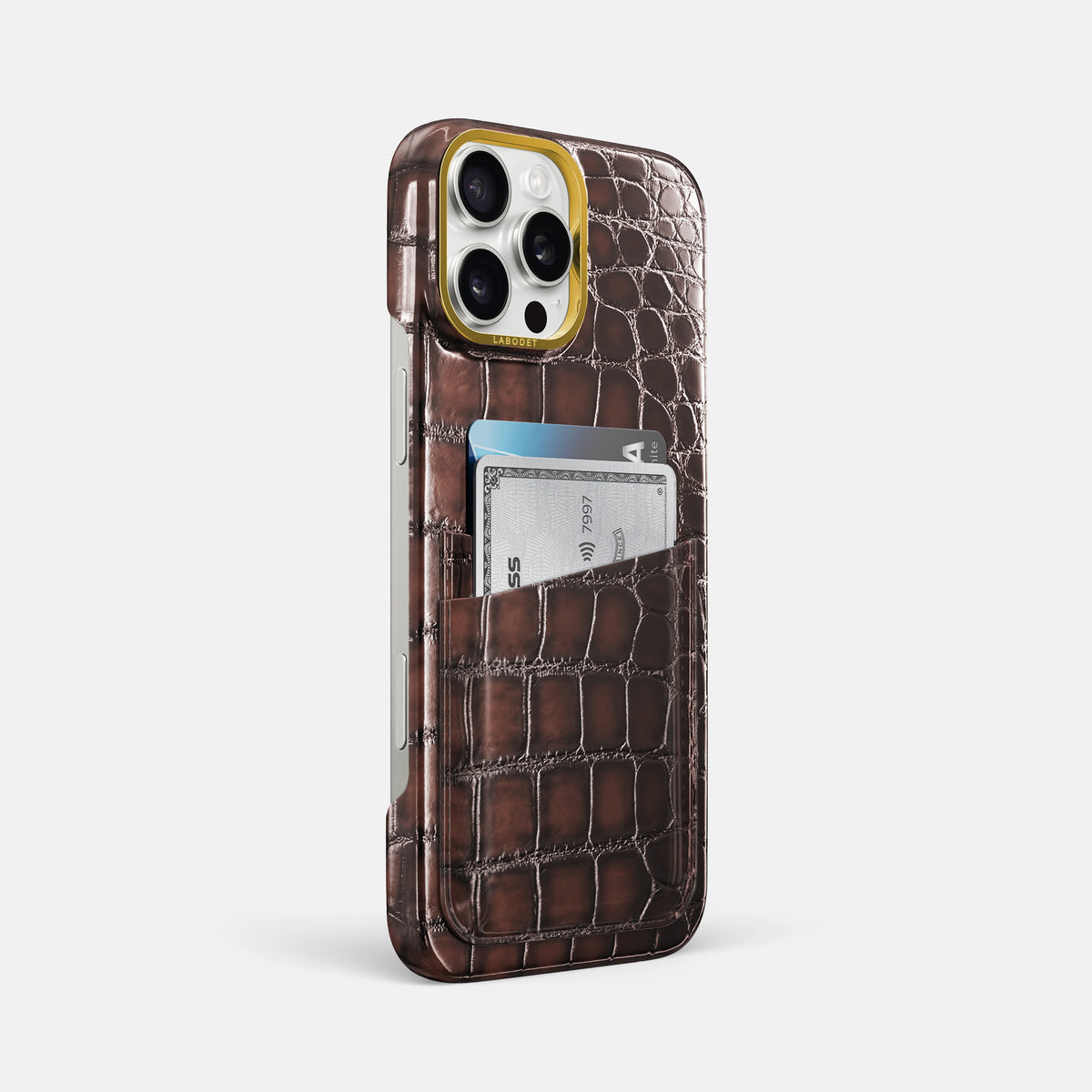 Havana-Brown iPhone 16 Pro Max Card Case Patina Alligator with Gold Metal -2 | Havana-Brown-Gold