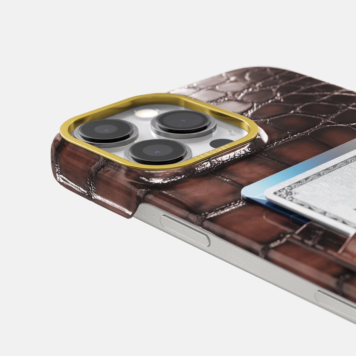 Havana-Brown iPhone 16 Pro Max Card Case Patina Alligator with Gold Metal -5 | Havana-Brown-Gold