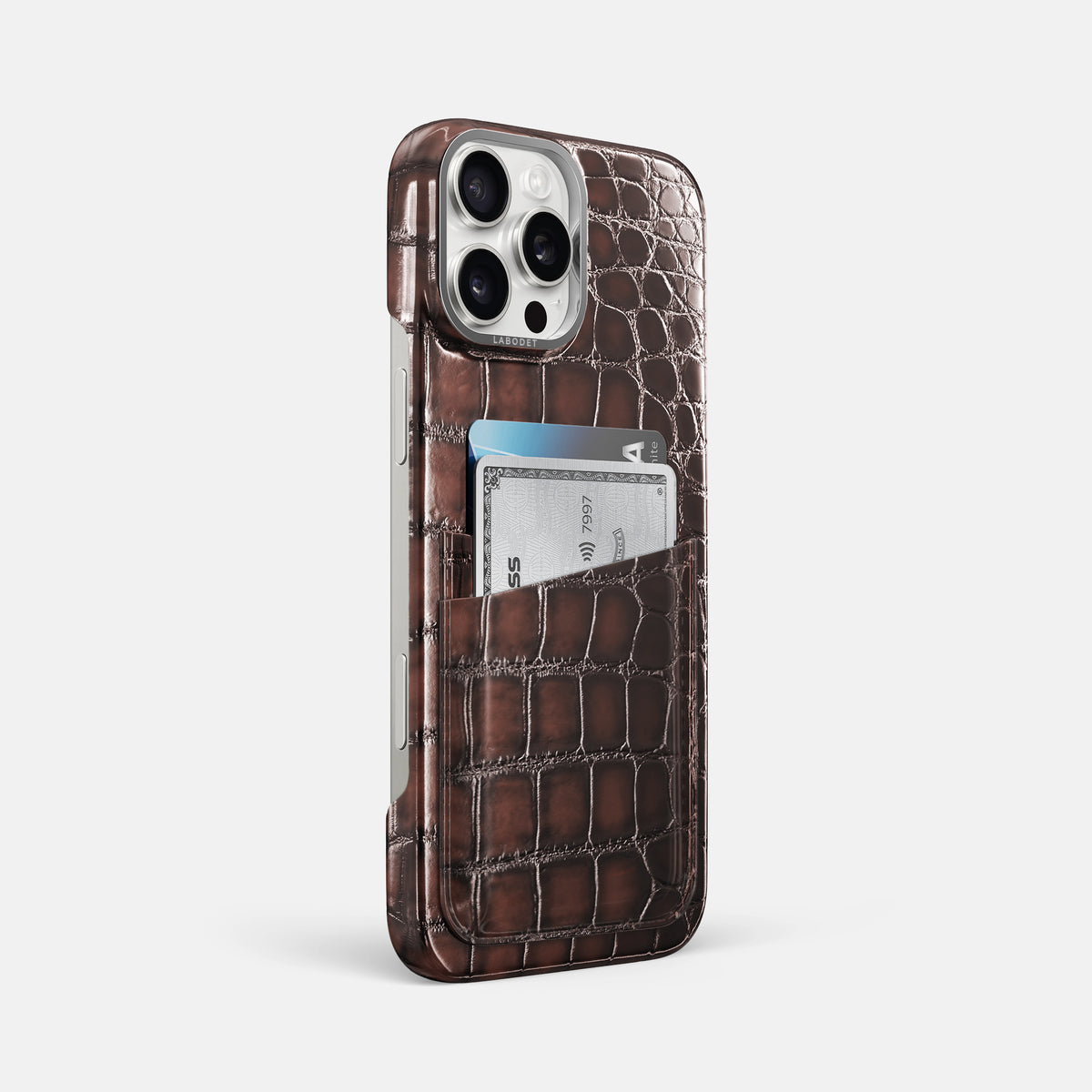 Havana-Brown iPhone 16 Pro Max Double Card Case Patina Alligator with Steel Metal -2 | Havana-Brown-Steel