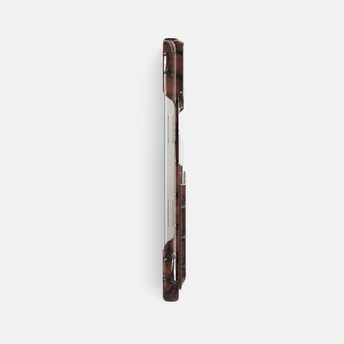 Havana-Brown iPhone 16 Pro Max Double Card Case Patina Alligator with Steel Metal -3 | Havana-Brown-Steel