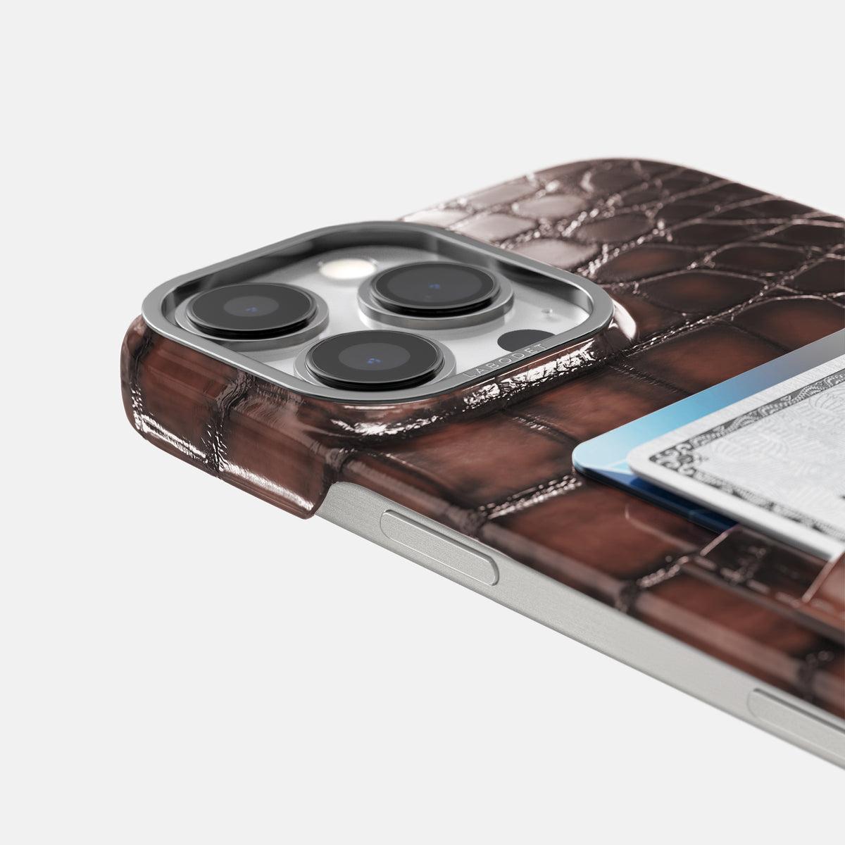 Havana-Brown iPhone 16 Pro Max Double Card Case Patina Alligator with Steel Metal -5 | Havana-Brown-Steel