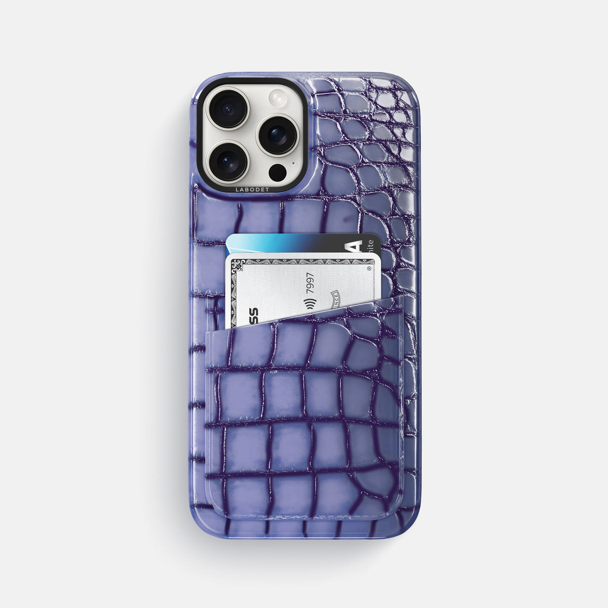 Lilac iPhone 16 Pro Max Double Card Case Patina Alligator with Black Metal -1 | Lilac-Black