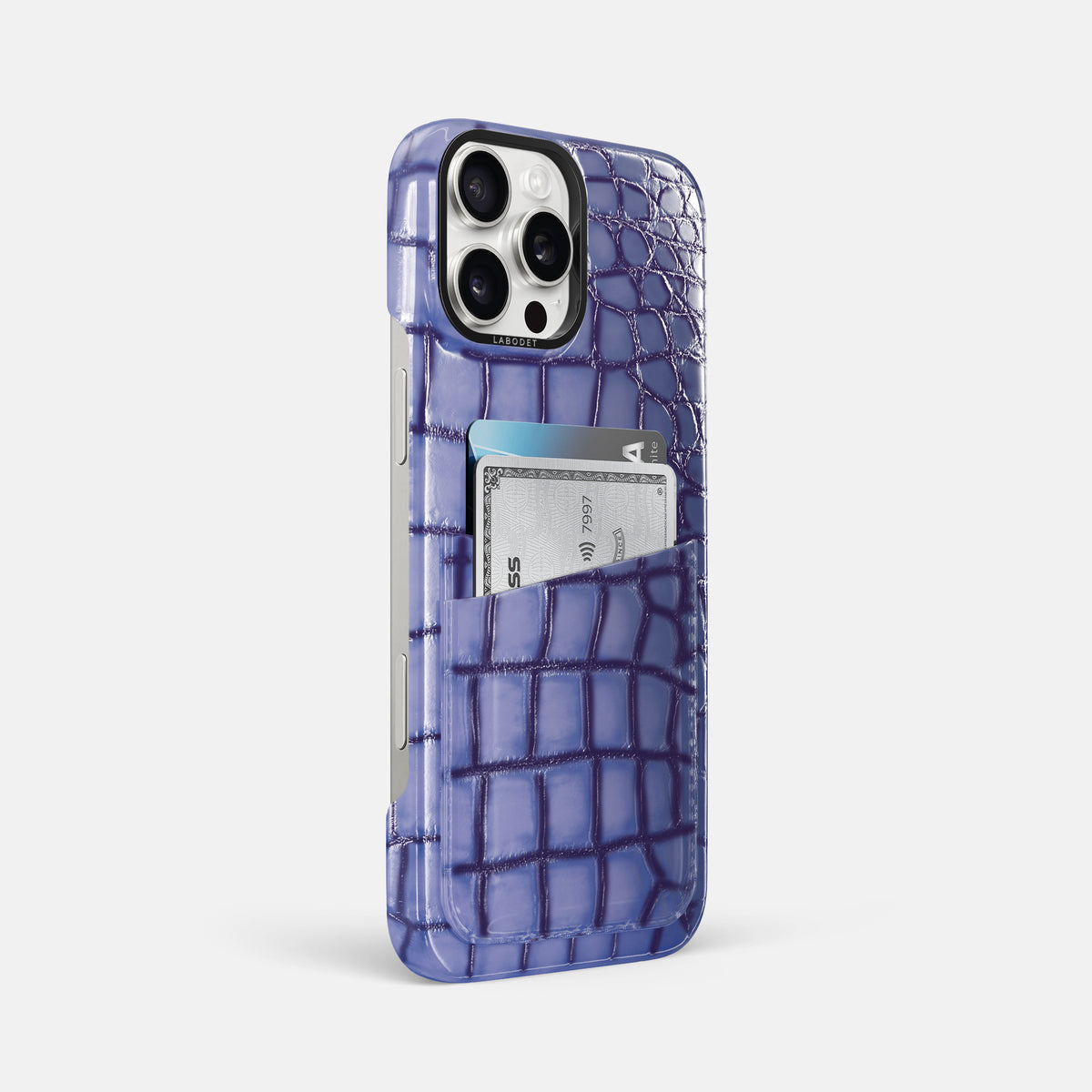 Lilac iPhone 16 Pro Max Double Card Case Patina Alligator with Black Metal -2 | Lilac-Black
