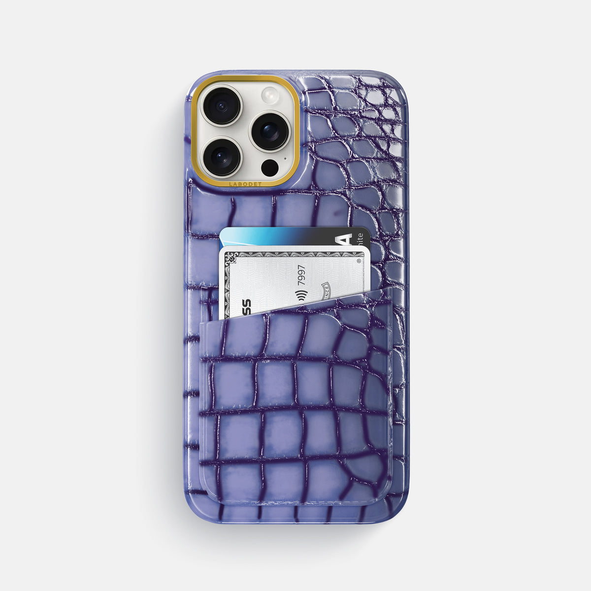 Lilac iPhone 16 Pro Max Card Case Patina Alligator with Gold Metal -1 | Lilac-Gold