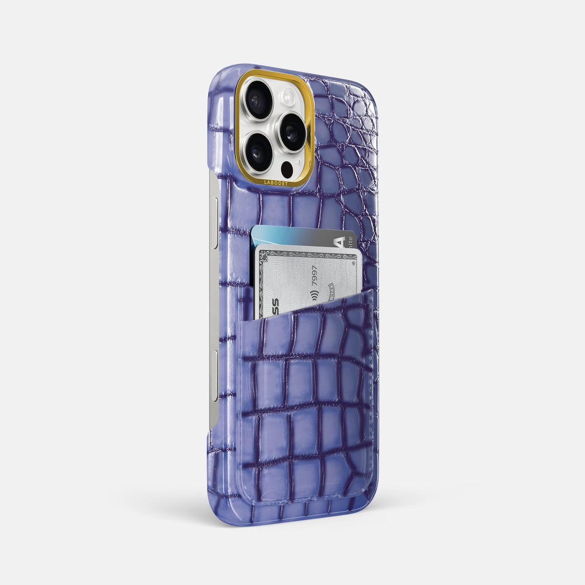 Lilac iPhone 16 Pro Max Card Case Patina Alligator with Gold Metal -2 | Lilac-Gold