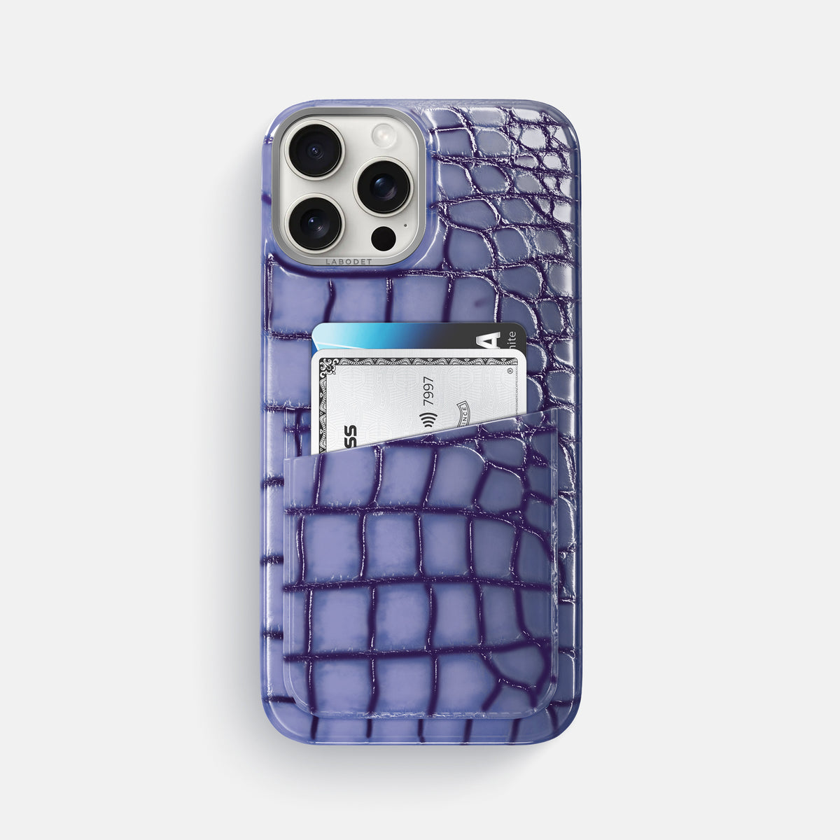 Lilac iPhone 16 Pro Max Double Card Case Patina Alligator with Steel Metal -1 | Lilac-Steel