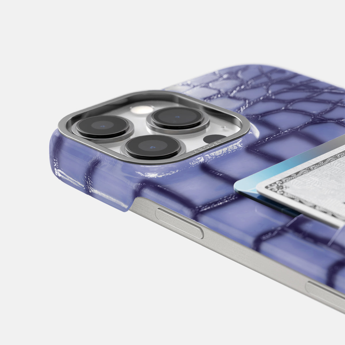 Lilac iPhone 16 Pro Max Double Card Case Patina Alligator with Steel Metal -5 | Lilac-Steel