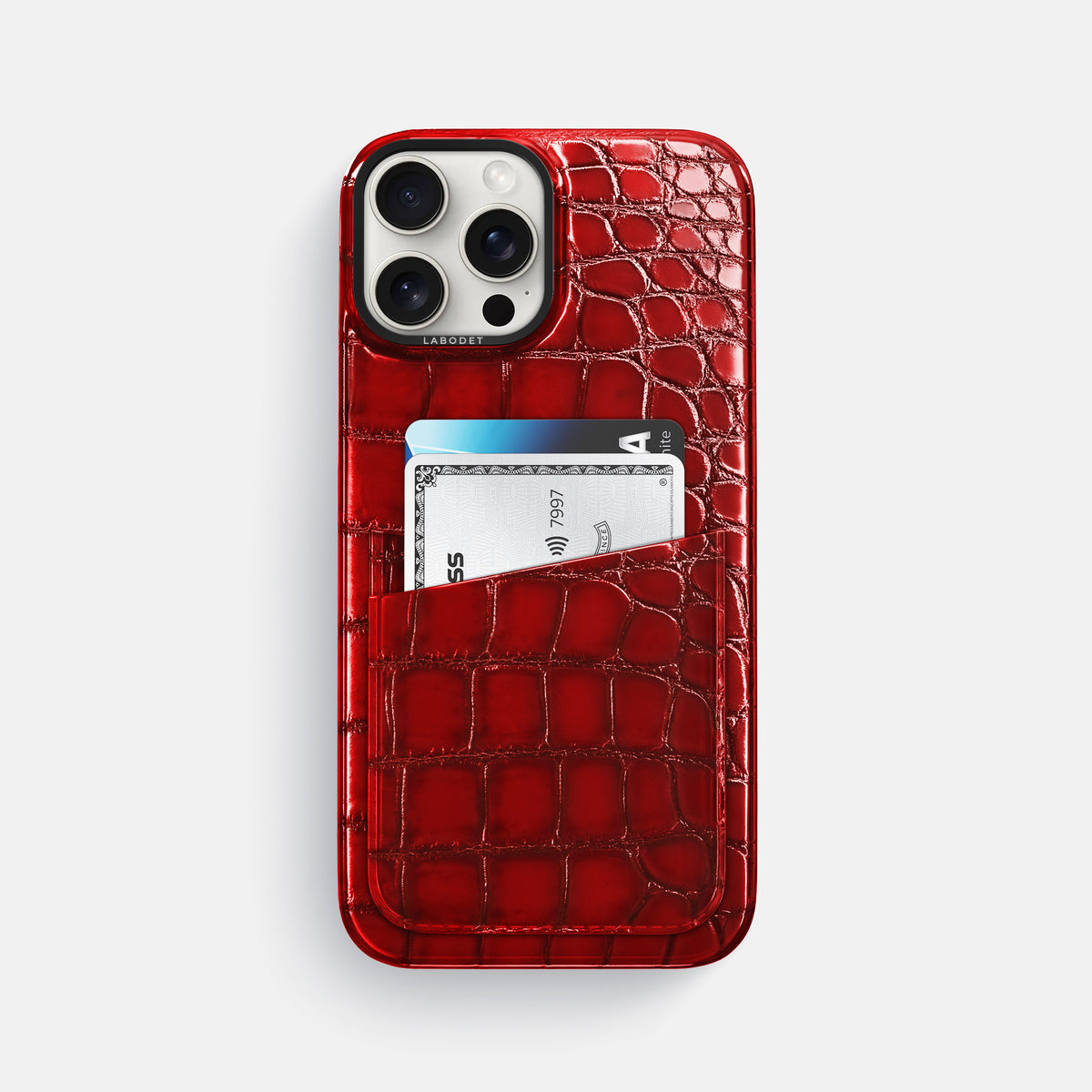 Burgundy iPhone 16 Pro Max Double Card Case Patina Alligator with Black Metal -1 | Burgundy-Black