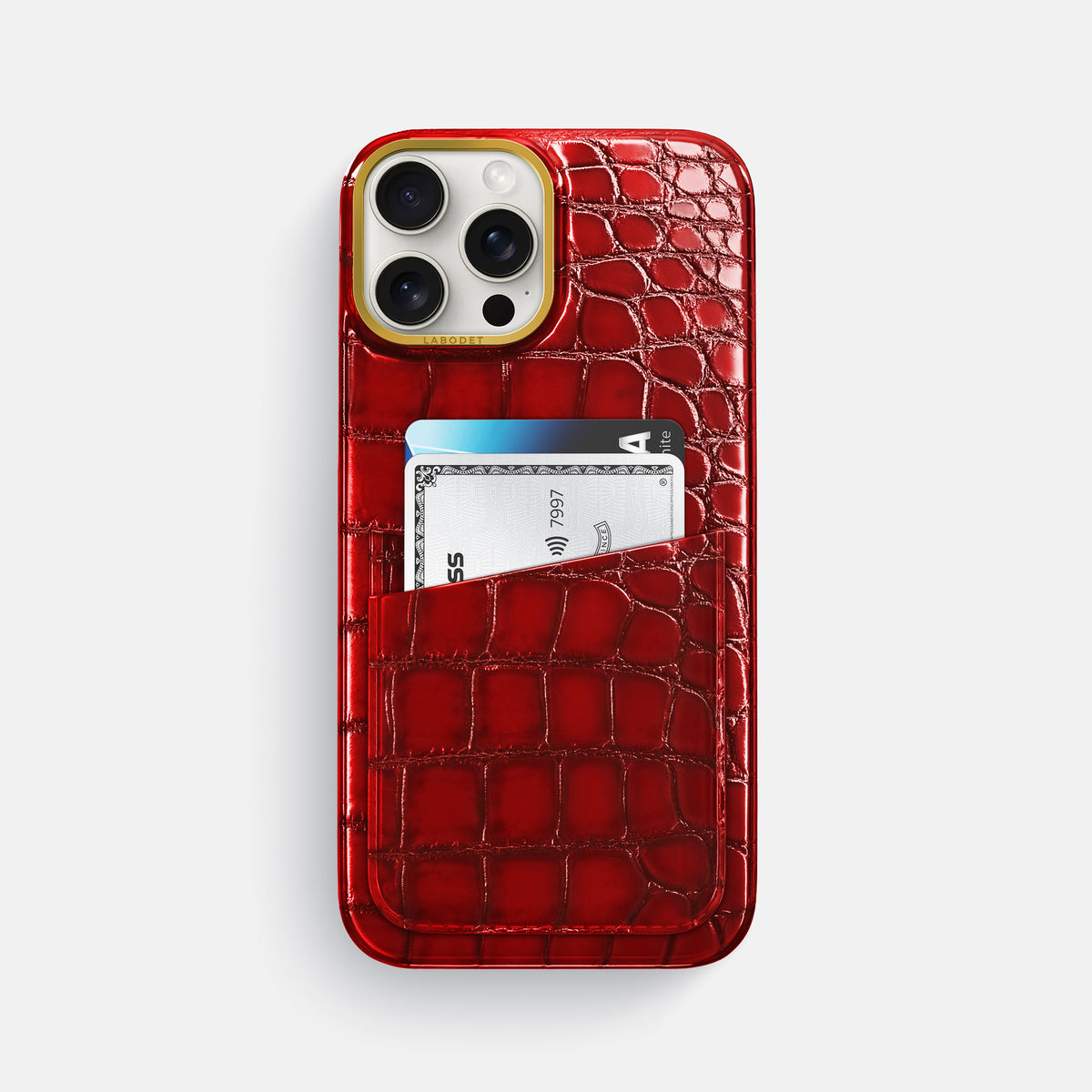 Burgundy iPhone 16 Pro Max Card Case Patina Alligator with Gold Metal -1 | Burgundy-Gold