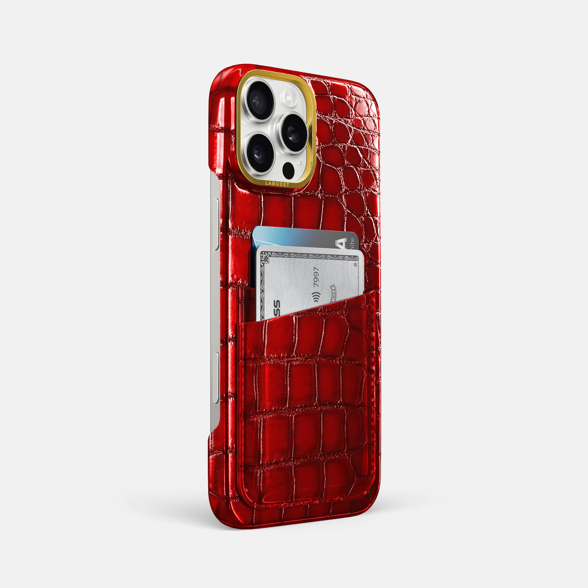 Burgundy iPhone 16 Pro Max Card Case Patina Alligator with Gold Metal -2 | Burgundy-Gold