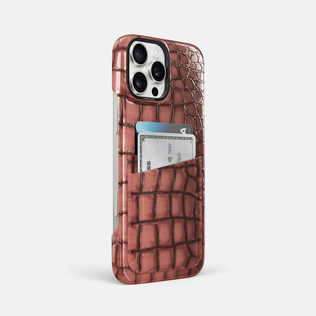 Wine-Sediment iPhone 16 Pro Max Double Card Case Patina Alligator with Black Metal -2 | Wine-Sediment-Black