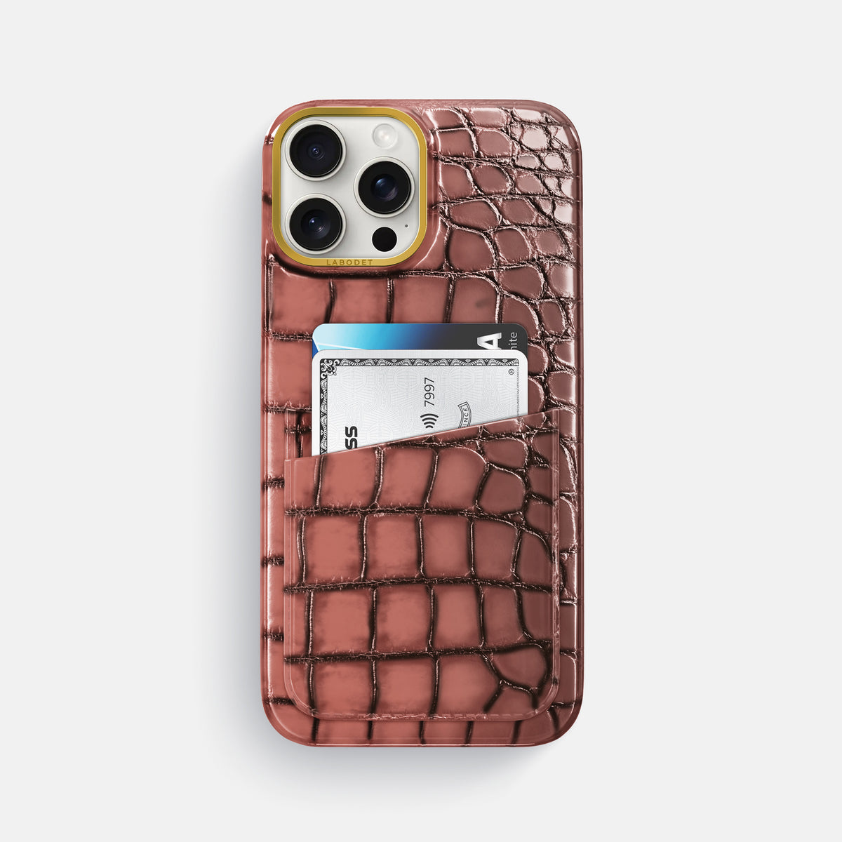 Wine-Sediment iPhone 16 Pro Max Card Case Patina Alligator with Gold Metal -1 | Wine-Sediment-Gold