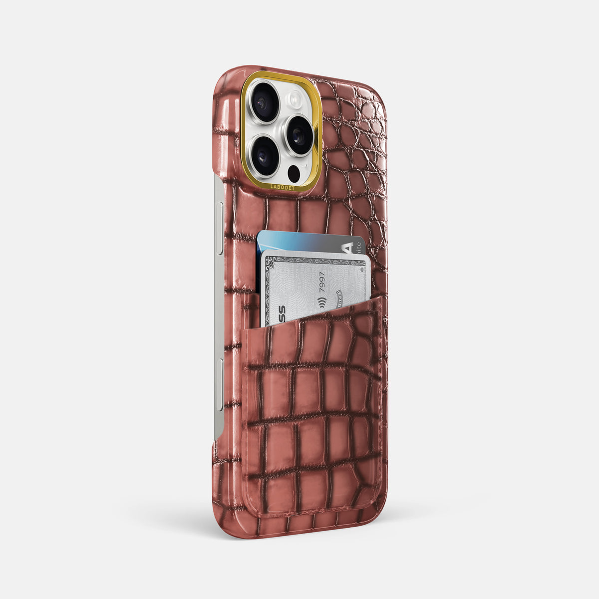 Wine-Sediment iPhone 16 Pro Max Card Case Patina Alligator with Gold Metal -2 | Wine-Sediment-Gold