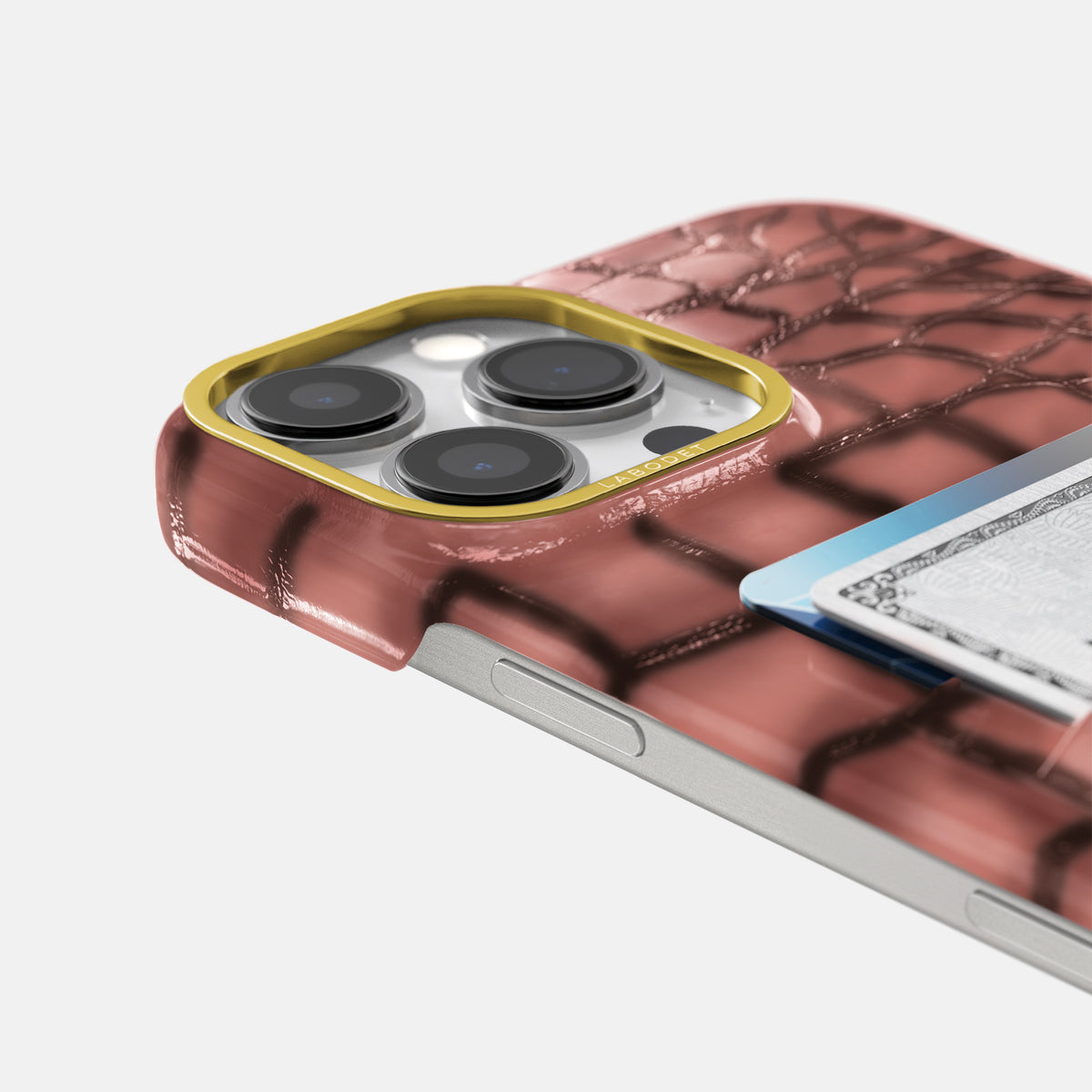 Wine-Sediment iPhone 16 Pro Max Card Case Patina Alligator with Gold Metal -5 | Wine-Sediment-Gold