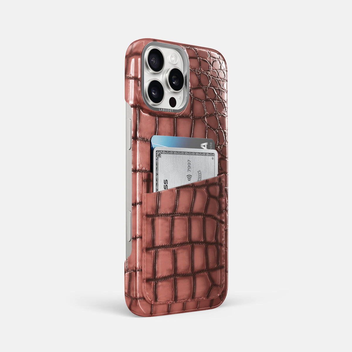 Wine-Sediment iPhone 16 Pro Max Double Card Case Patina Alligator with Steel Metal -2 | Wine-Sediment-Steel