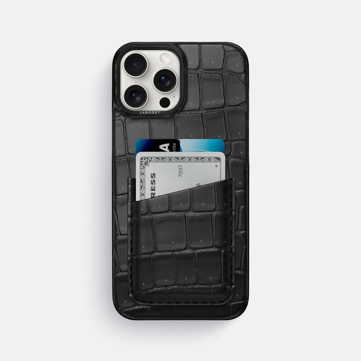 Black iPhone 16 Pro Max Double Card Case Porosus Crocodile with Black Metal -1 | Black-Black