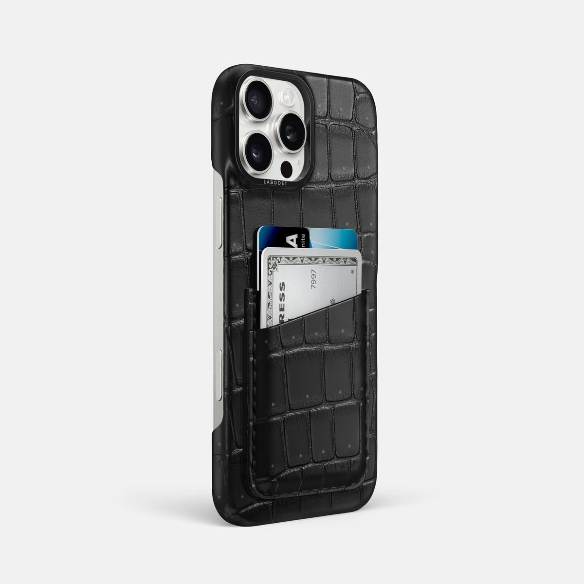 Black iPhone 16 Pro Max Double Card Case Porosus Crocodile with Black Metal -2 | Black-Black