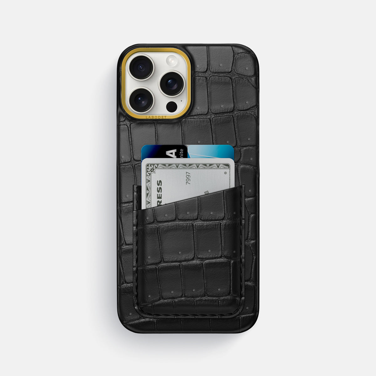 Black iPhone 16 Pro Max Double Card Case Porosus Crocodile with Gold Metal -1 | Black-Gold