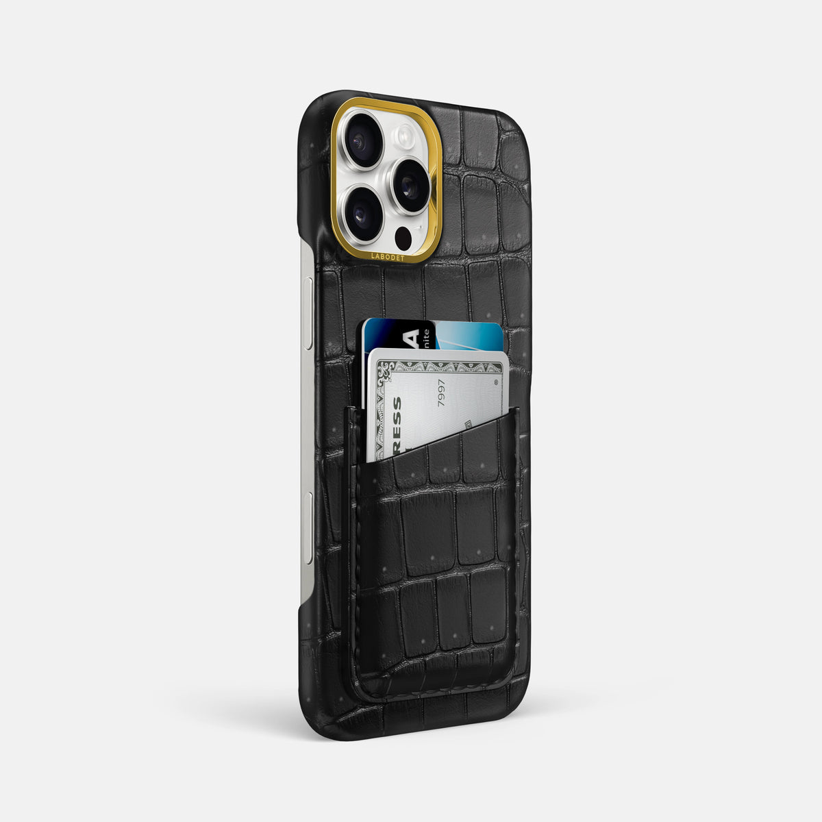 Black iPhone 16 Pro Max Double Card Case Porosus Crocodile with Gold Metal -2 | Black-Gold