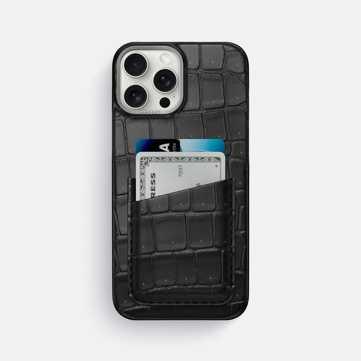Black iPhone 16 Pro Max Double Card Case Porosus Crocodile with Steel Metal -1 | Black-Steel