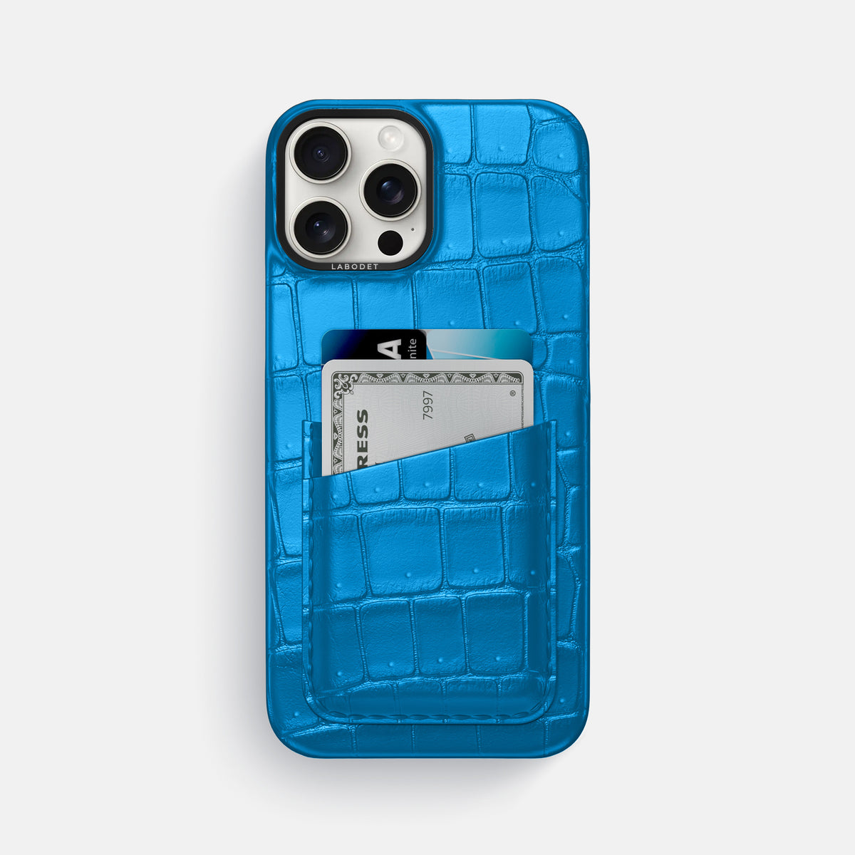 Blue-Lagoon iPhone 16 Pro Max Double Card Case Porosus Crocodile with Black Metal -1 | Blue-Lagoon-Black