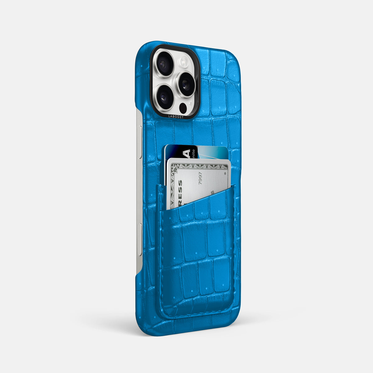 Blue-Lagoon iPhone 16 Pro Max Double Card Case Porosus Crocodile with Black Metal -2 | Blue-Lagoon-Black