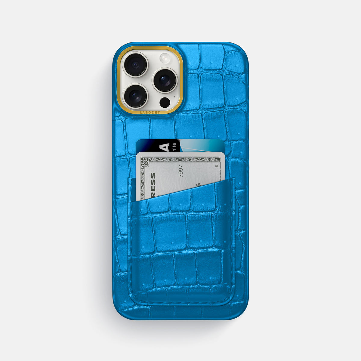 Blue-Lagoon iPhone 16 Pro Max Double Card Case Porosus Crocodile with Gold Metal -1 | Blue-Lagoon-Gold
