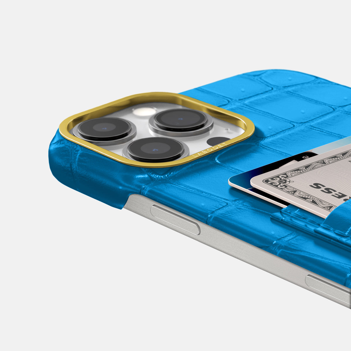 Blue-Lagoon iPhone 16 Pro Max Double Card Case Porosus Crocodile with Gold Metal -5 | Blue-Lagoon-Gold