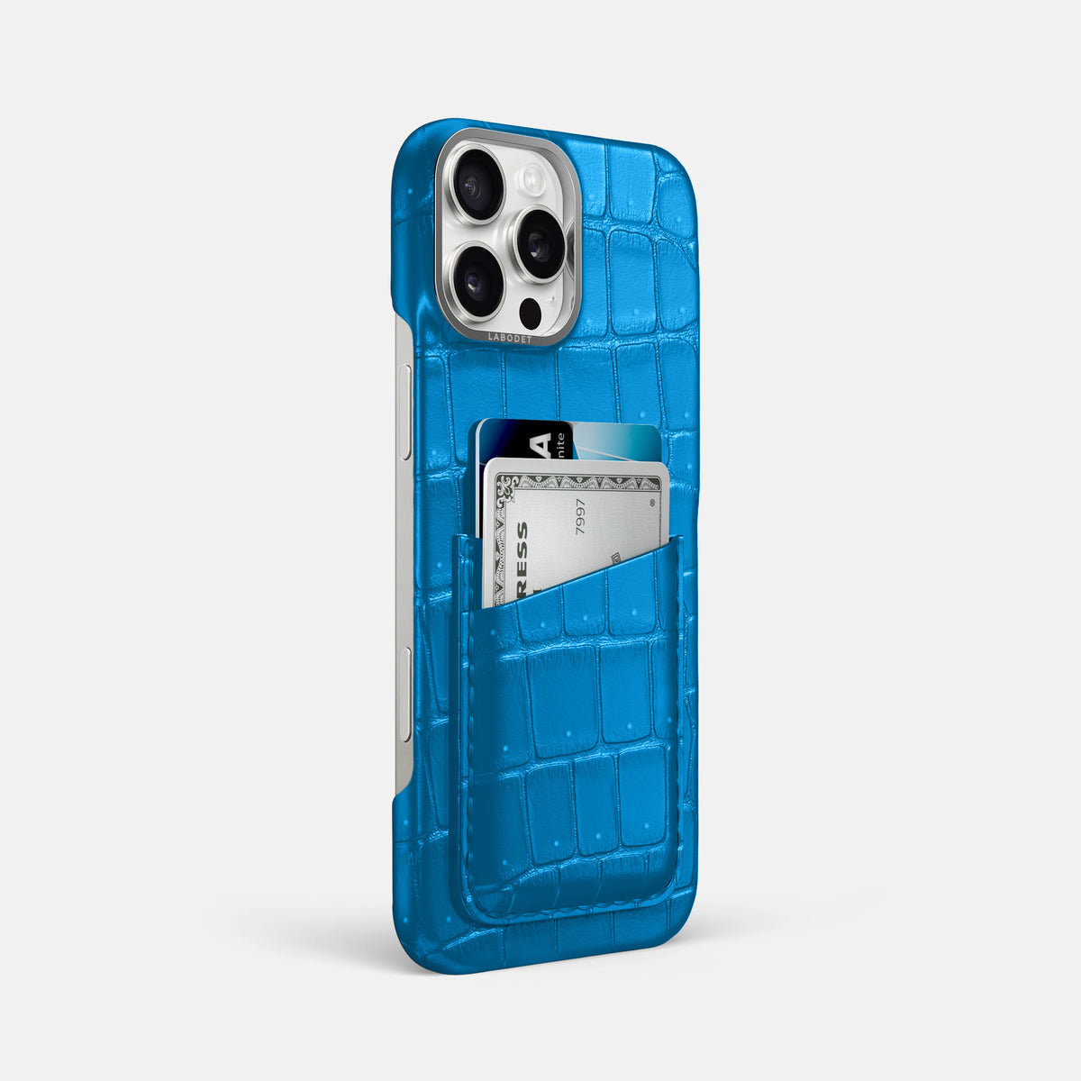 Blue-Lagoon iPhone 16 Pro Max Double Card Case Porosus Crocodile with Steel Metal -2 | Blue-Lagoon-Steel