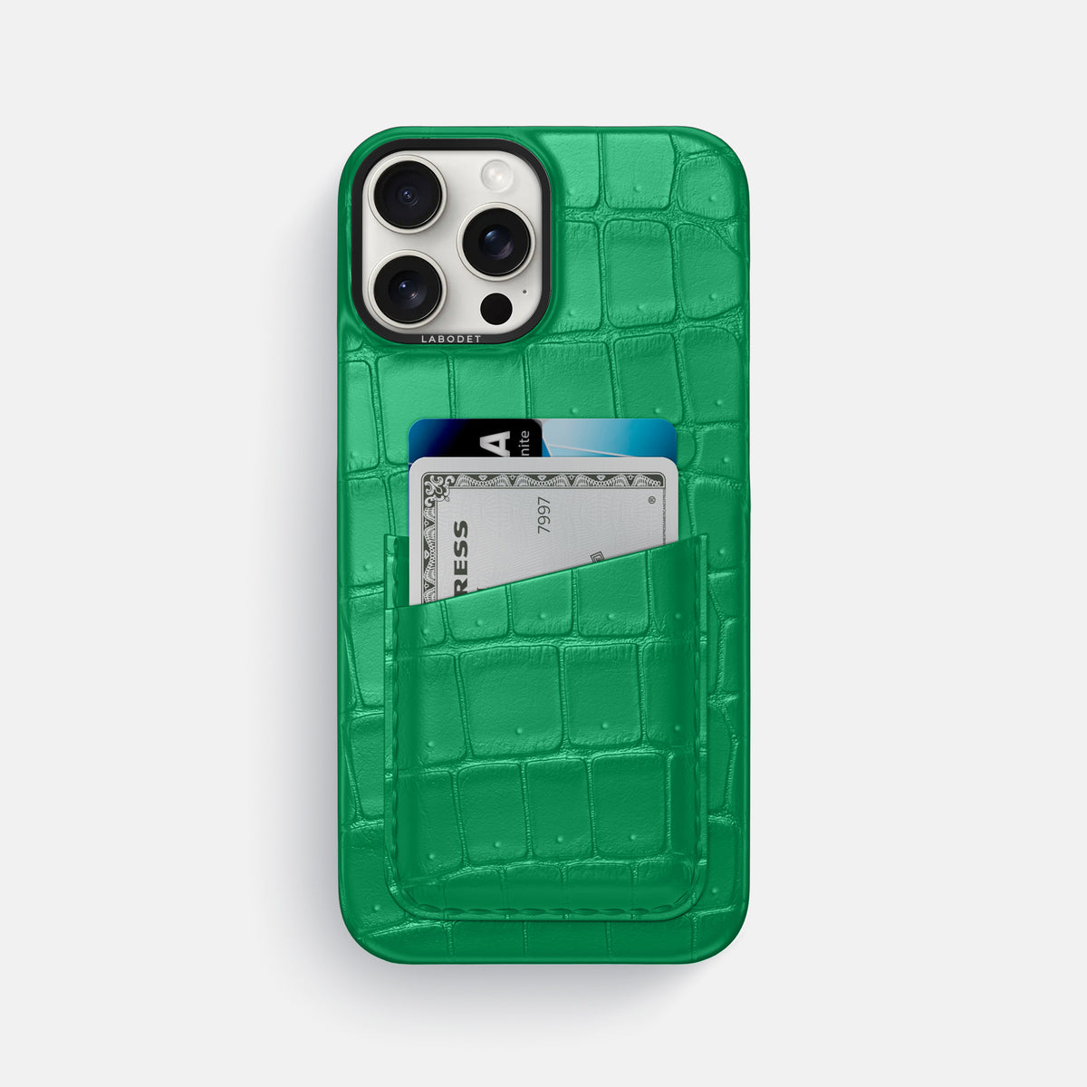 Cactus-Green iPhone 16 Pro Max Double Card Case Porosus Crocodile with Black Metal -1 | Cactus-Green-Black