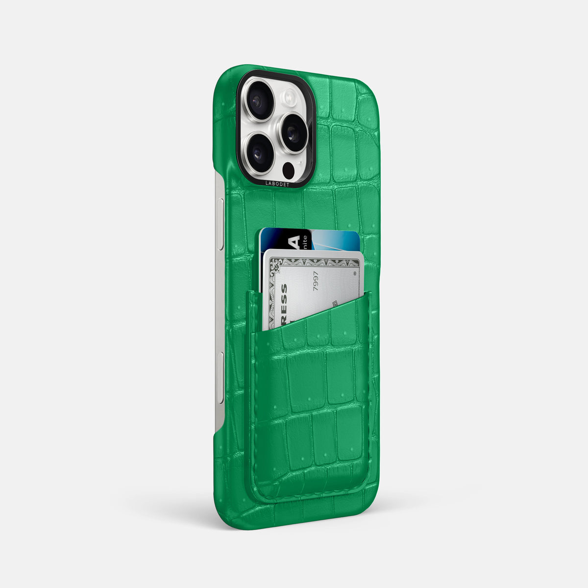 Cactus-Green iPhone 16 Pro Max Double Card Case Porosus Crocodile with Black Metal -2 | Cactus-Green-Black
