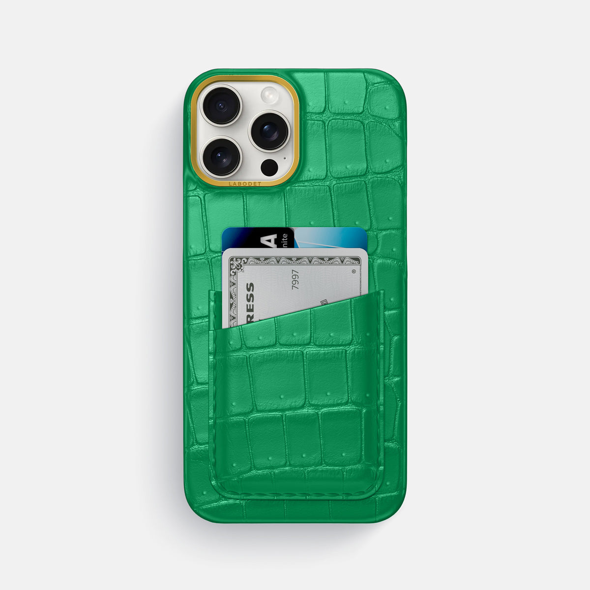 Cactus-Green iPhone 16 Pro Max Double Card Case Porosus Crocodile with Gold Metal -1 | Cactus-Green-Gold