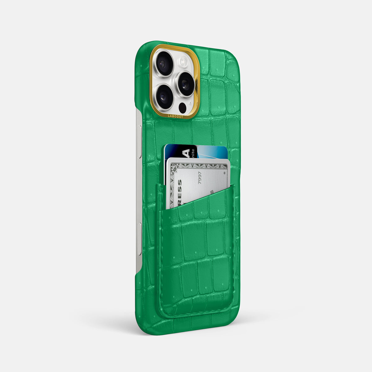 Cactus-Green iPhone 16 Pro Max Double Card Case Porosus Crocodile with Gold Metal -2 | Cactus-Green-Gold