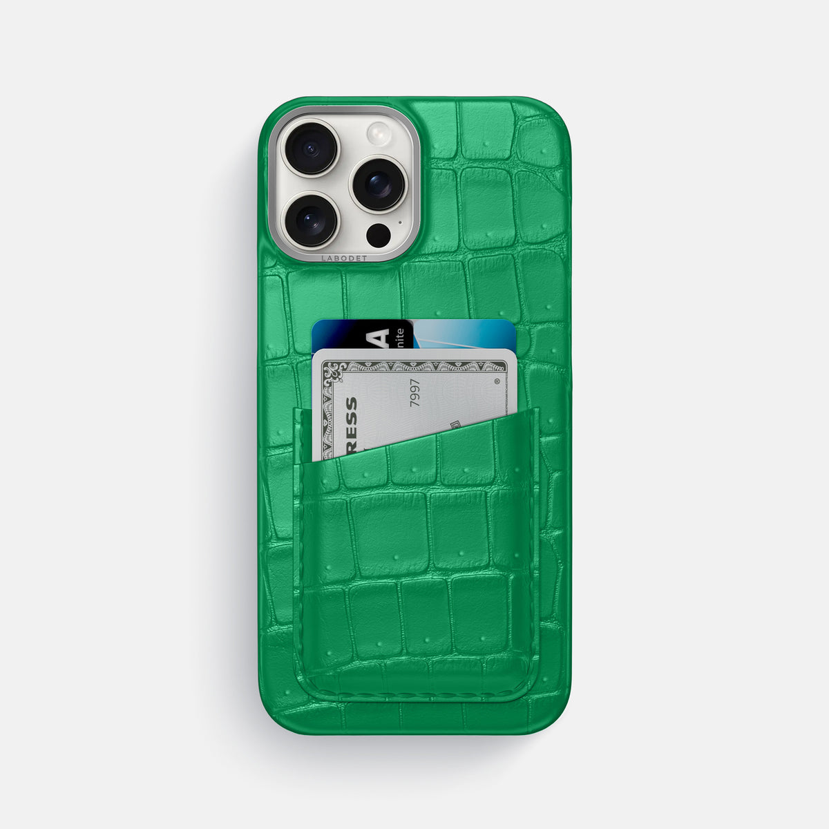 Cactus-Green iPhone 16 Pro Max Double Card Case Porosus Crocodile with Steel Metal -1 | Cactus-Green-Steel