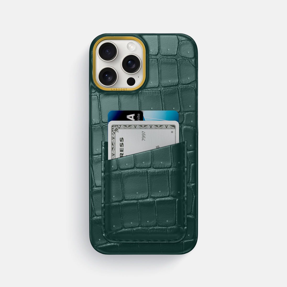 Dark-Forest iPhone 16 Pro Max Double Card Case Porosus Crocodile with Gold Metal -1 | Dark-Forest-Gold