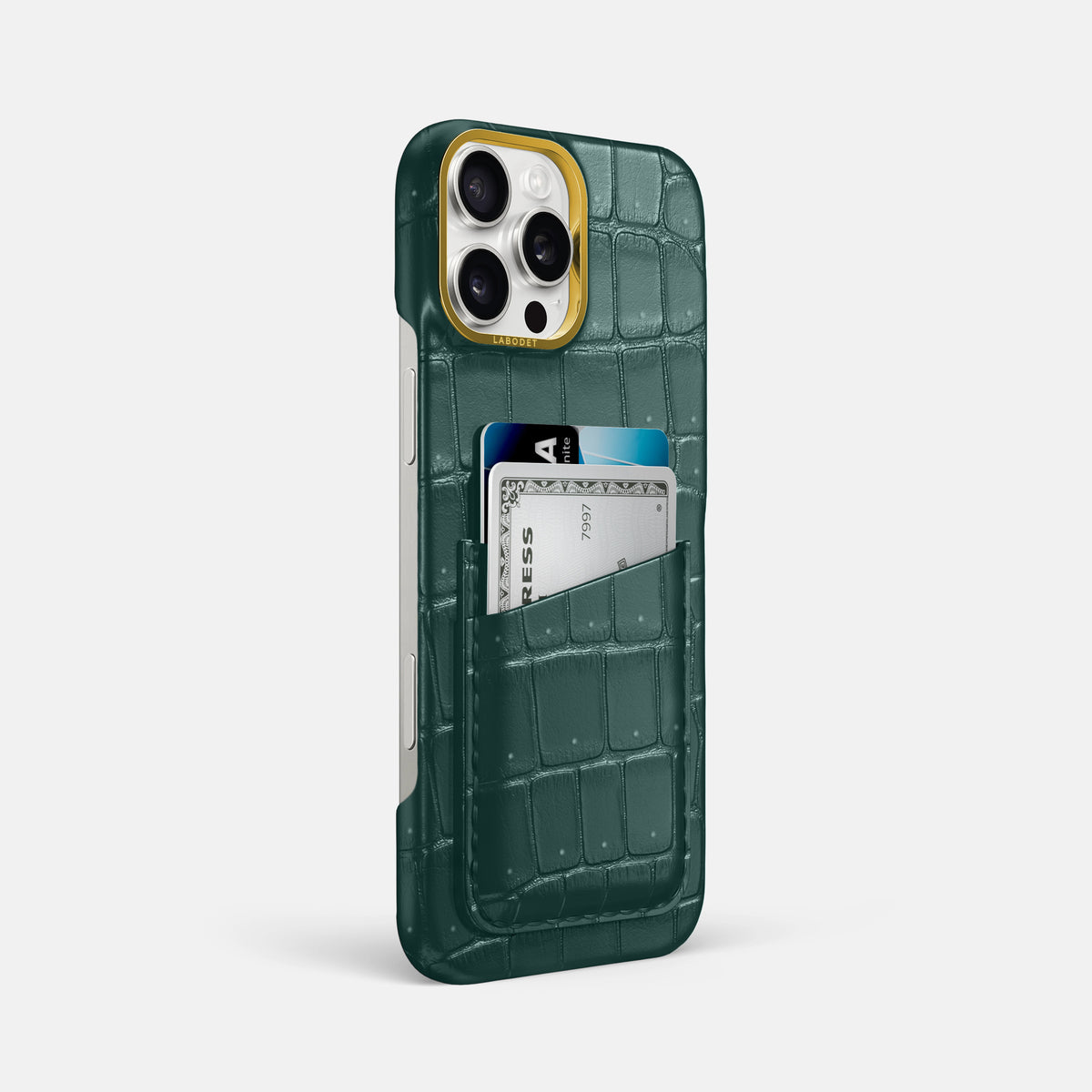 Dark-Forest iPhone 16 Pro Max Double Card Case Porosus Crocodile with Gold Metal -2 | Dark-Forest-Gold