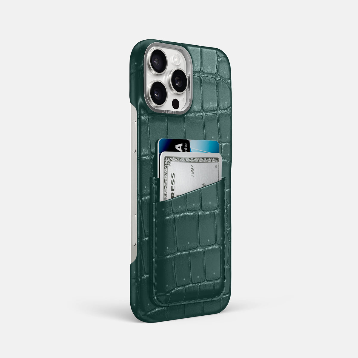 Dark-Forest iPhone 16 Pro Max Double Card Case Porosus Crocodile with Steel Metal -2 | Dark-Forest-Steel