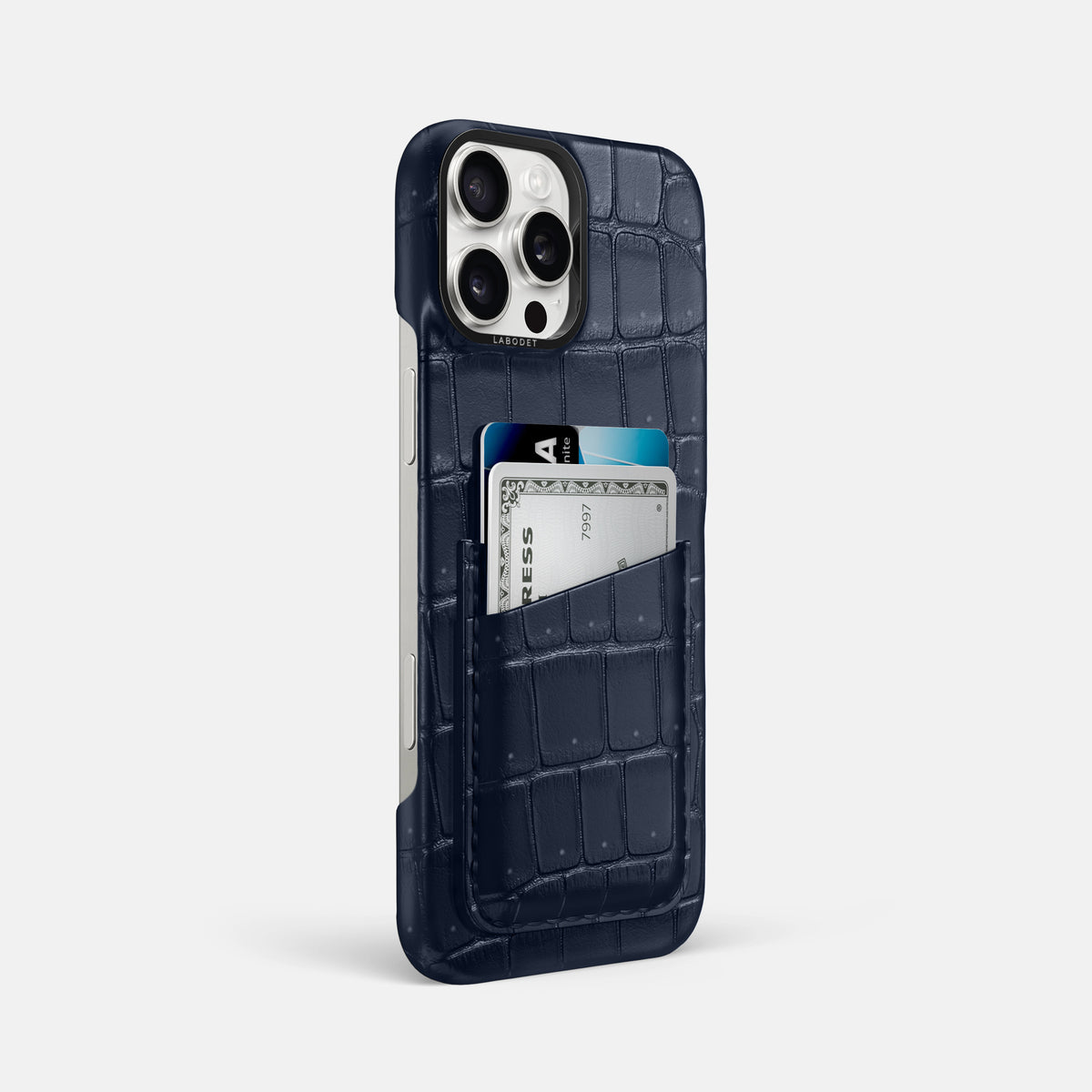 Deep Blue Sea iPhone 16 Pro Max Double Card Case Porosus Crocodile with Black Metal -2 | Deep-Blue-Sea-Black