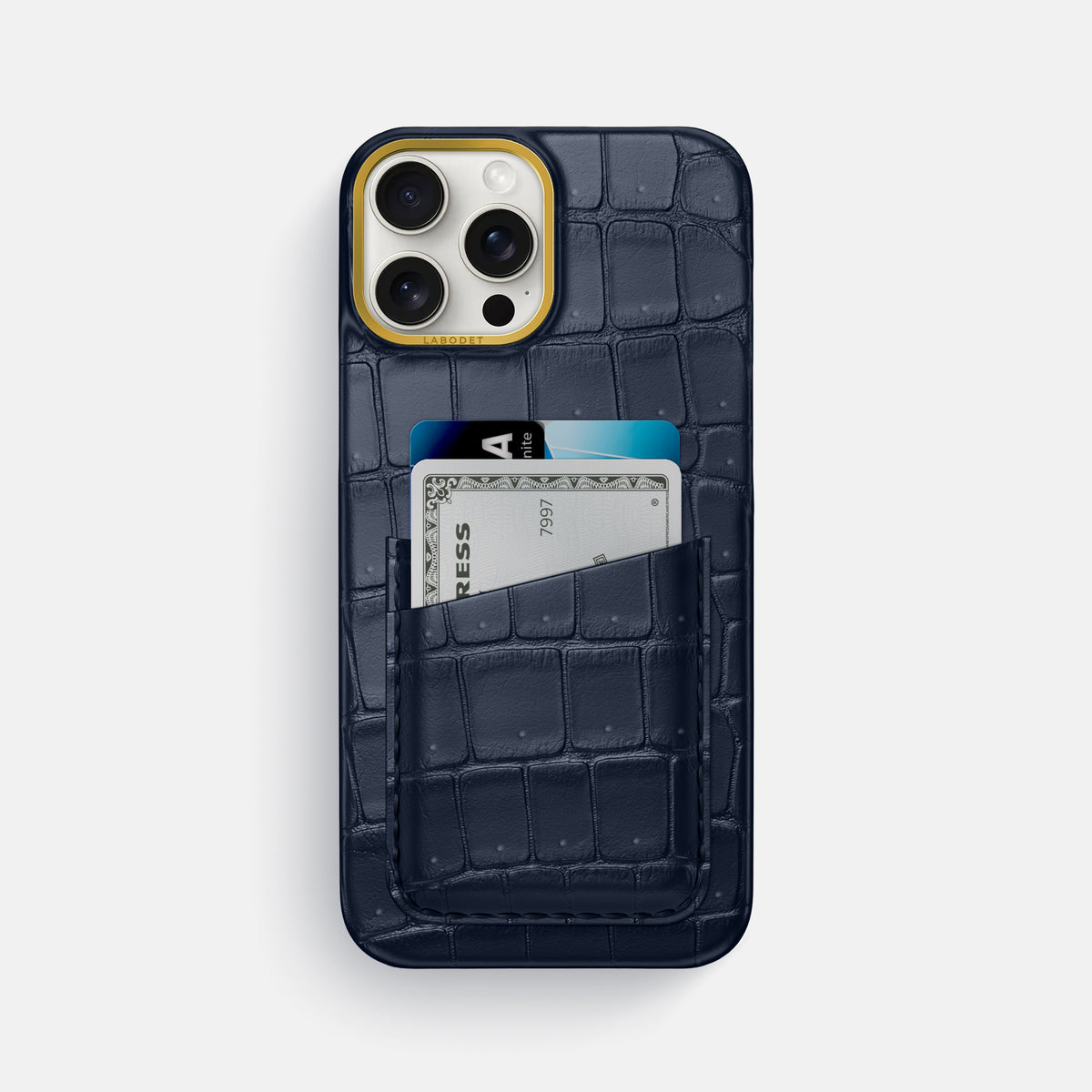 Deep Blue Sea iPhone 16 Pro Max Double Card Case Porosus Crocodile with Gold Metal -1 | Deep-Blue-Sea-Gold