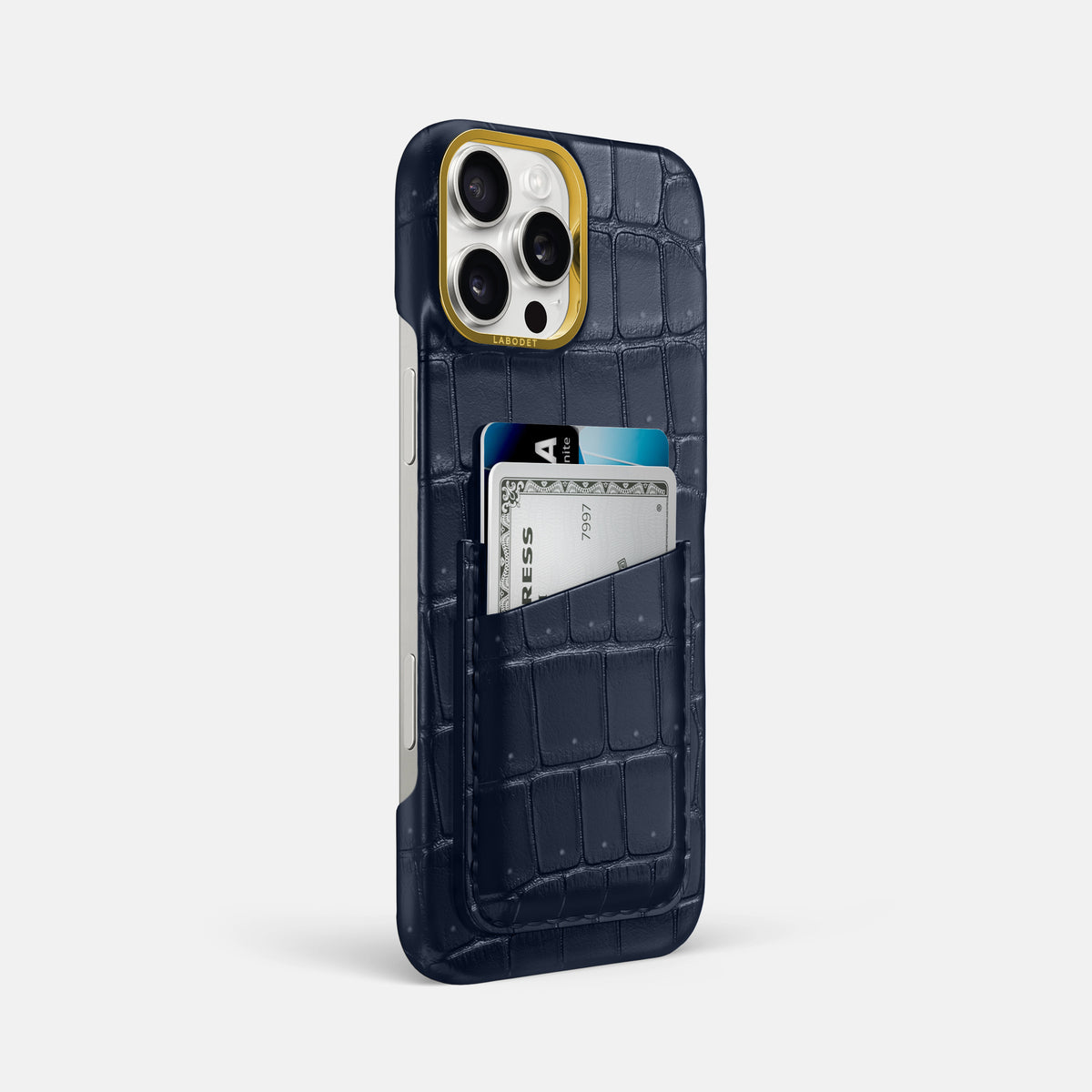 Deep Blue Sea iPhone 16 Pro Max Double Card Case Porosus Crocodile with Gold Metal -2 | Deep-Blue-Sea-Gold