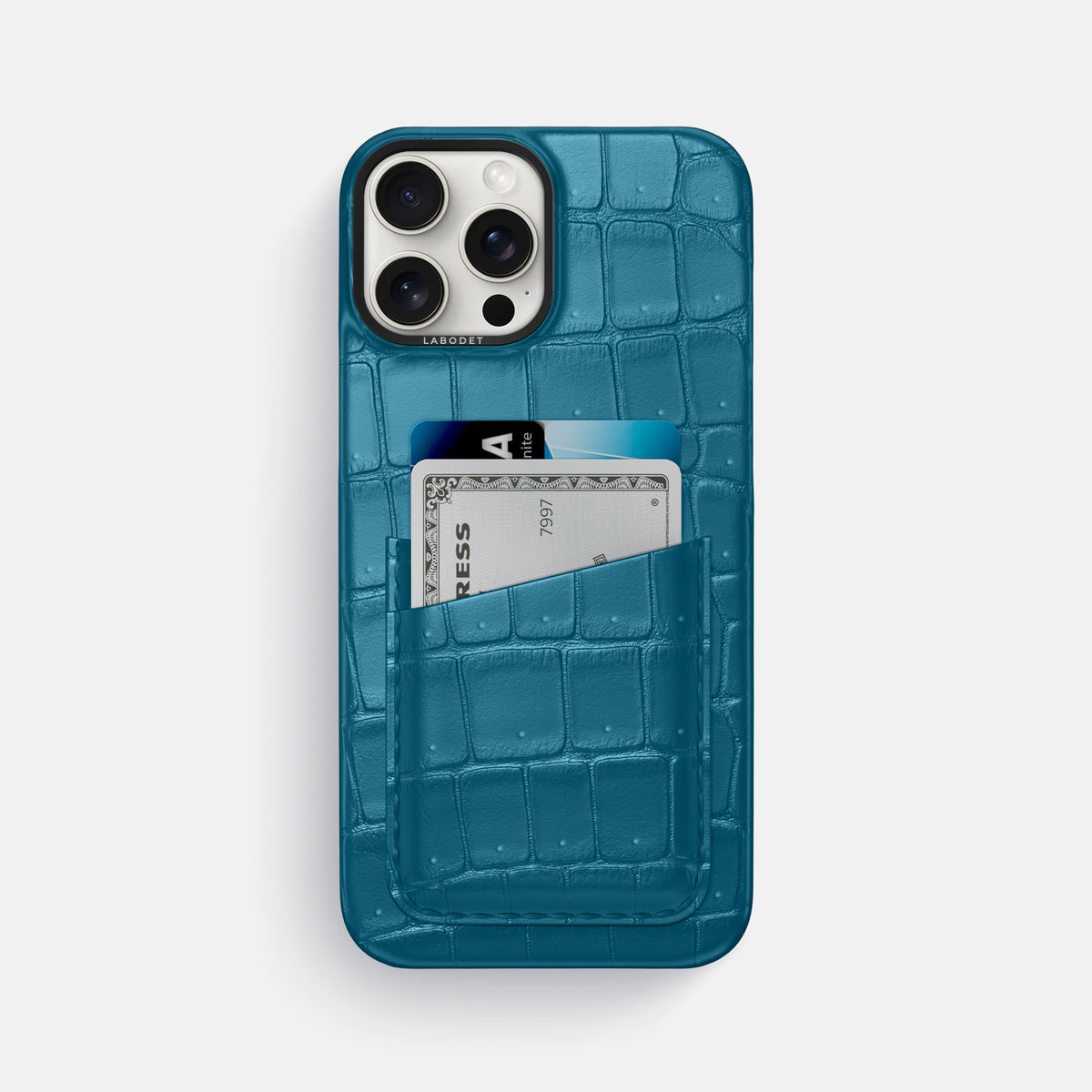 Duck Blue iPhone 16 Pro Max Double Card Case Porosus Crocodile with Black Metal -1 | Duck-Blue-Black