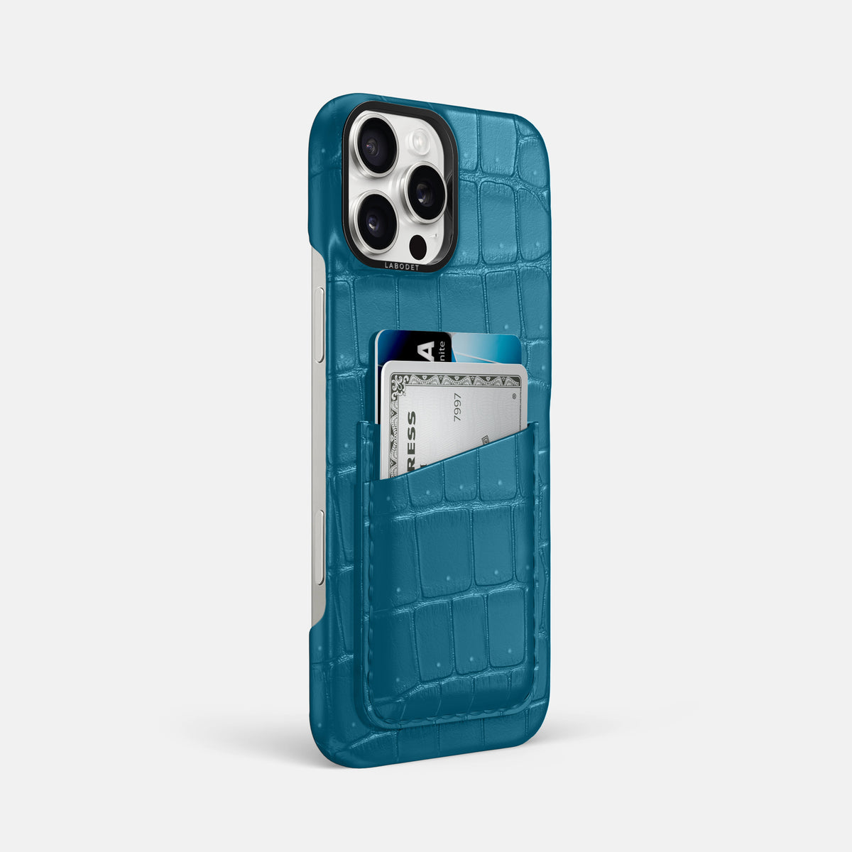 Duck Blue iPhone 16 Pro Max Double Card Case Porosus Crocodile with Black Metal -2 | Duck-Blue-Black