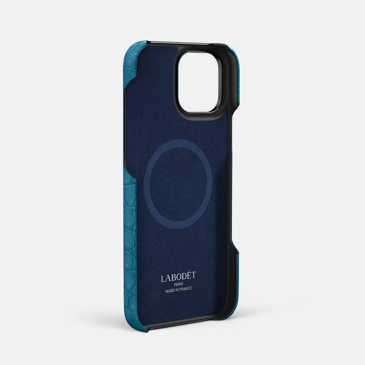 Duck Blue iPhone 16 Pro Max Double Card Case Porosus Crocodile with Black Metal -4 | Duck-Blue-Black