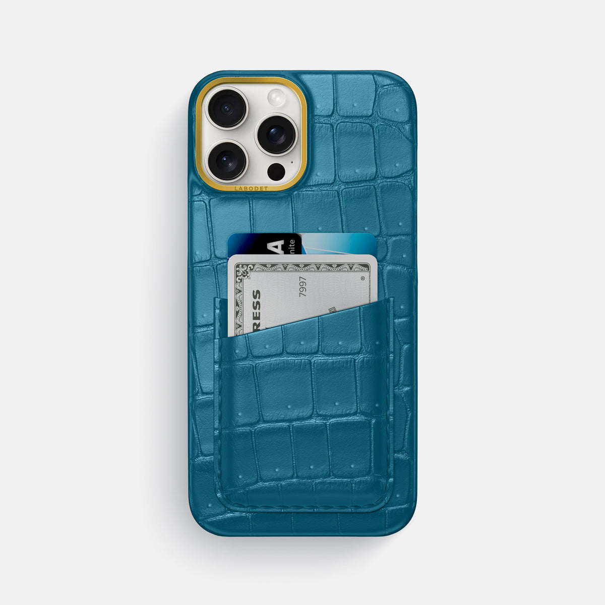 Duck Blue iPhone 16 Pro Max Double Card Case Porosus Crocodile with Gold Metal -1 | Duck-Blue-Gold