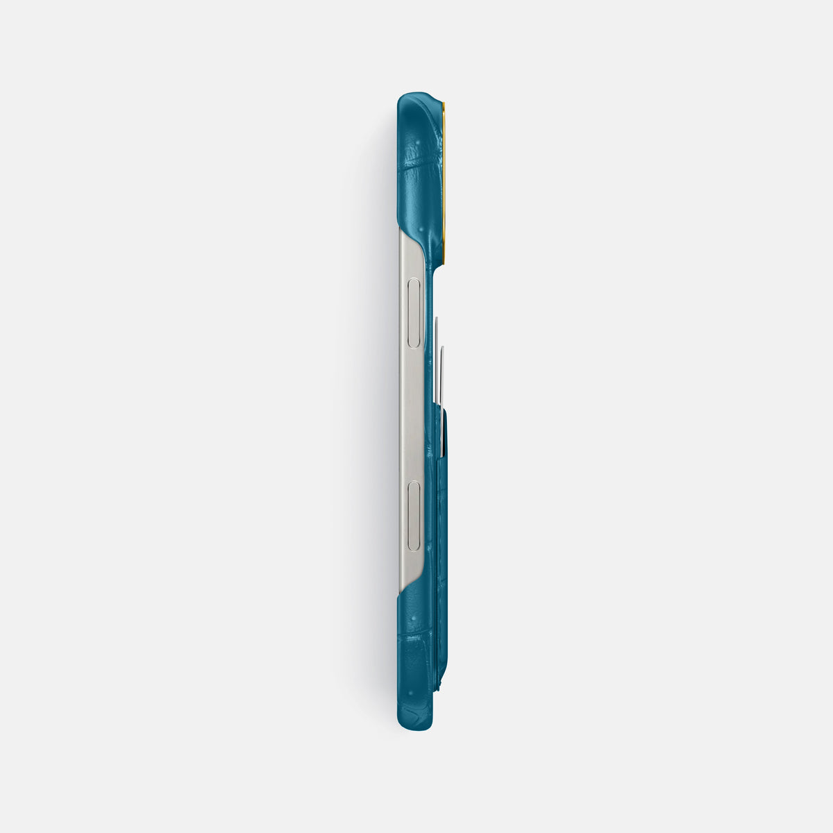 Duck Blue iPhone 16 Pro Max Double Card Case Porosus Crocodile with Gold Metal -3 | Duck-Blue-Gold